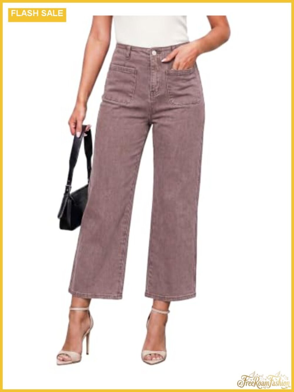 Wide Leg High Waisted Stretch Cropped Denim Jeans Women Pockets